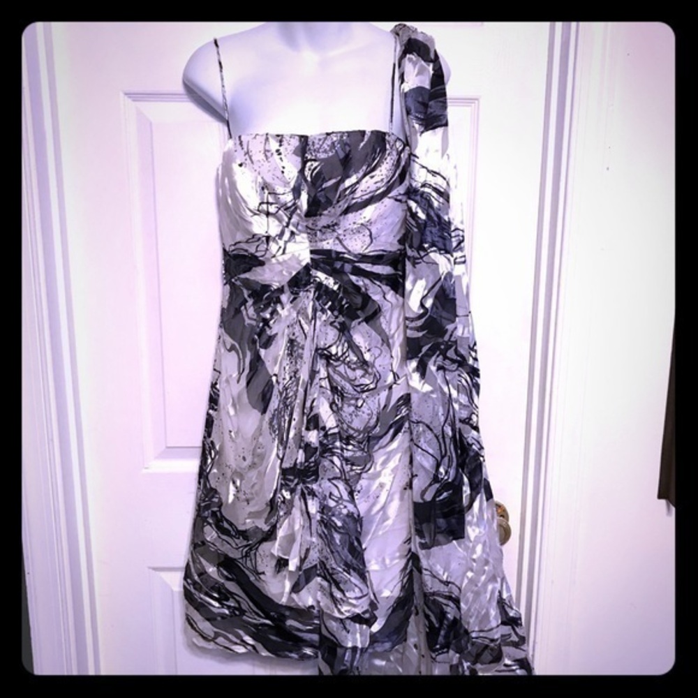 Chetta B blue floral silk cocktail dress with long scarf
